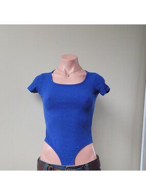 Royal Blue Scoop Neck Short Sleeve Bodycon Bodysuit (One Size)